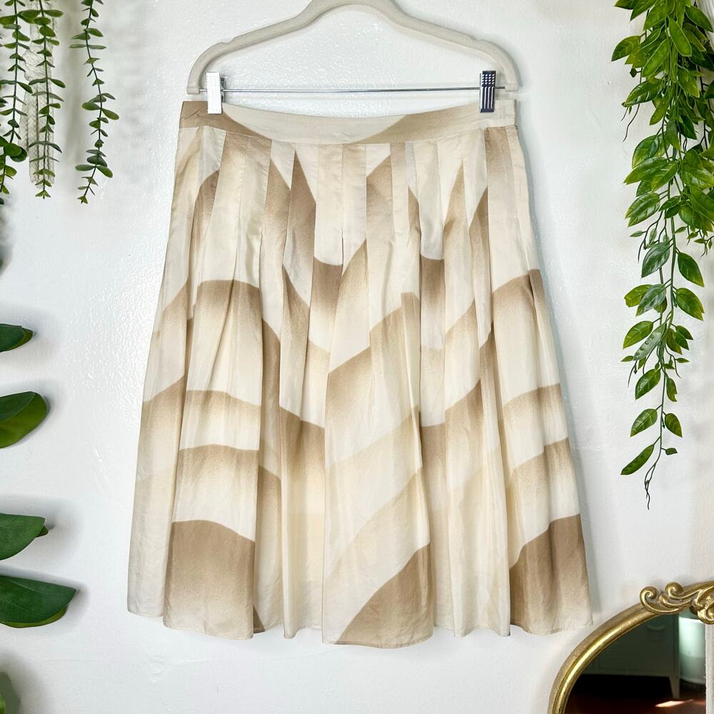 Theory Ombre Tan Beige Sand Wave Pleaded Silk Chiffon Knee Length Angelina Skirt